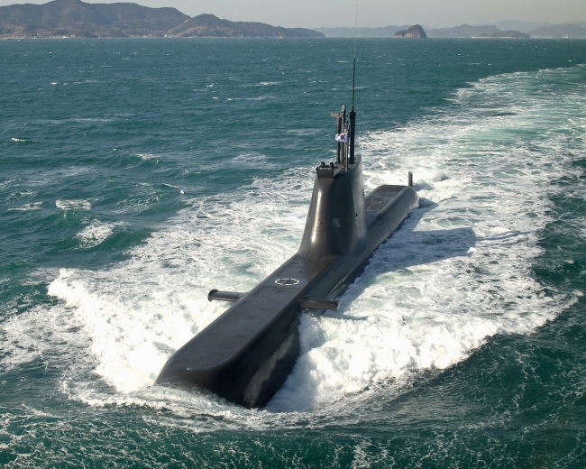 One of South Korea’s 1,800-ton 214-class submarines takes part in a naval operation.   Navy