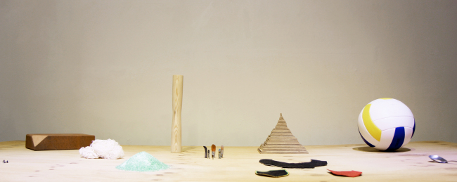 “Wood, Big Nail, Volleyball, Brush, Soju Glass, Spoon, Cloth, Table and Name Tag” by Jeong Ki-hoon.    (Kumho Museum of Art)