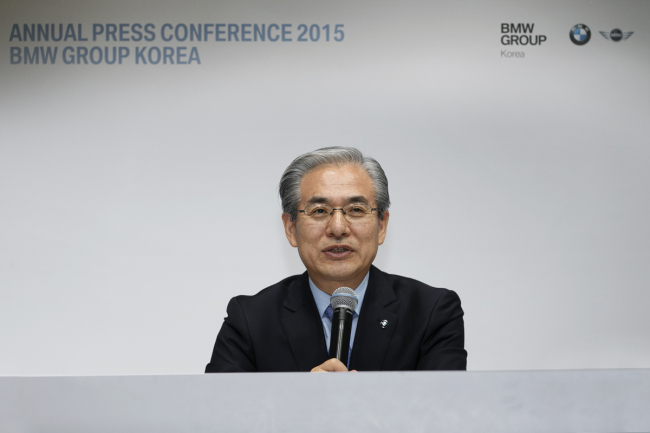 Kim Hyo-joon, president of BMW Korea, speaks at the company’s annual press conference held at the BMW Driving Center in Incheon on Thursday.   BMW