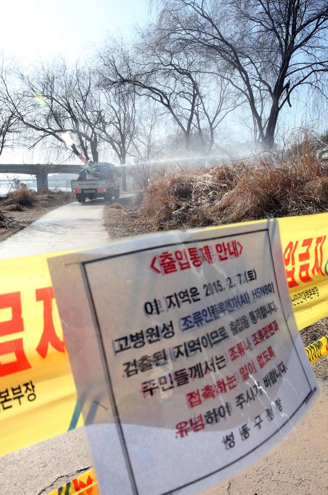 <YONHAP PHOTO-0823> 중랑천 야생조류 분변 AI 확진, 방역작업 (서울=연합뉴스) 전수영 기자 = 농림축산검역본부 정밀검사결과 서울 성동구 중랑천에서 채취한 야생조류 분변에서 고병원성 H5N8 조류 인플루엔자(AI) 바이러스가 확진됨에 따라 서울시가 시료채취 지역 인근의 출입을 차단한 가운데 8일 오후 서울 용비교 아래 중량천변에서 성동구청 보건소 질병예방과 직원들이 방역작업을 벌이고 있다 . 시는 중랑천 등 야생조류 서식지에 대한 소독과 예찰을 주 2회에서 일 1회로 강화하고 강서습지생태공원 등 한강의 야생조류 탐조대에 대한 시민 출입을 제한했다. 2015.2.8 swimer@yna.co.kr/2015-02-08 15:23:11/ <저작권자 ⓒ 1980-2015 ㈜연합뉴스. 무단 전재 재배포 금지.>
A vehicle sprays disinfectant at Jungnangcheon Stream where authorities restricted civilian access after the avian influenza virus was detected in feces of migratory birds, in Seoul, Sunday.   Yonhap
A vehicle sprays disinfectant at Jungnangcheon Stream where authorities restricted civilian access after the avian influenza virus was detected in feces of migratory birds, in Seoul, Sunday.   Yonhap