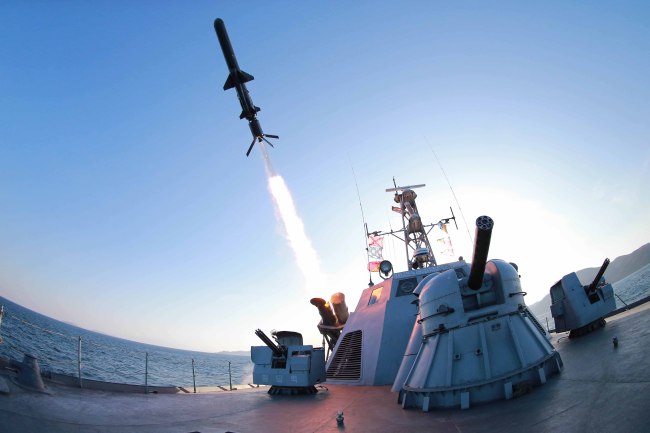 In this undated photo released by the Korean Central News Agencyon Saturday, a ship-to-ship missile is launched from a North Korean warship. North Korea on Sunday fired five short-range missiles into the East Sea. Yonhap