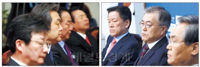 16일 이완구 국무총리 후보자의 국회 임명동의안 표결을 앞두고 ‘단독 처리’도 불사하겠다는 새누리당과 ‘부적격’ 인사임을 강조하며 임명 반대와 함께 자진사퇴를 주장하고 있는 새정치민주연합의 입장이 정면충돌하고 있다. 이날 오전 김무성 새누리당 대표(왼쪽 사진)와 문재인 새정치연합 대표가 각 당 최고위원회의에 참석해 심각한 표정으로 발언을 듣고 있다. 이길동 기자/gdlee@heraldcorp.com