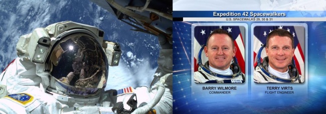 버치 윌모어의 셀카 사진. 헬멧에 비친 테리 버츠. (NASA)