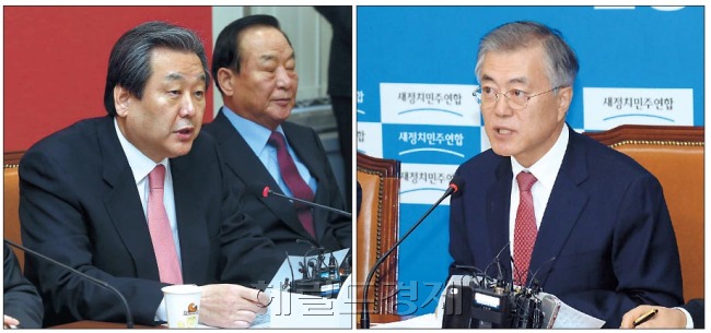 설 연휴 동안 전국 각지에서 민심을 청취하고 국회로 돌아온 여야가 2월 임시국회의 남은 열흘간 경제살리기 법안 등 입법전쟁에 돌입했다. 23일 국회에서 열린 각당 최고위원회의에 참석, 모두 발언을 하고 있는 새누리당 김무성 대표(왼쪽)와 새정치민주연합 문재인 대표. [안훈 기자/rosedale@heraldcorp.com]