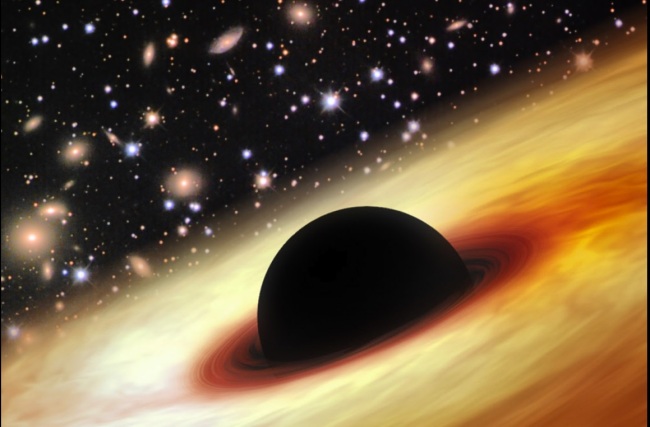우쉐빙(兵) 중국 베이징대 교수가 이끄는 슬론디지털스카이서베이(Sloan Digital Sky Survey) 글로벌 연구팀이 발견한 초대형 블랙홀의 상상도. 이 블랙홀의 크기는 태양의 120억배이며, 블랙홀이 주변 물질을 집어삼키는 에너지에 의해 만들어지는 거대 발광체 퀘이사의 밝기는 태양의 420조배에 달하는 것으로 추정된다.  [사진제공=상하이천문대·워싱턴포스트(WP)]