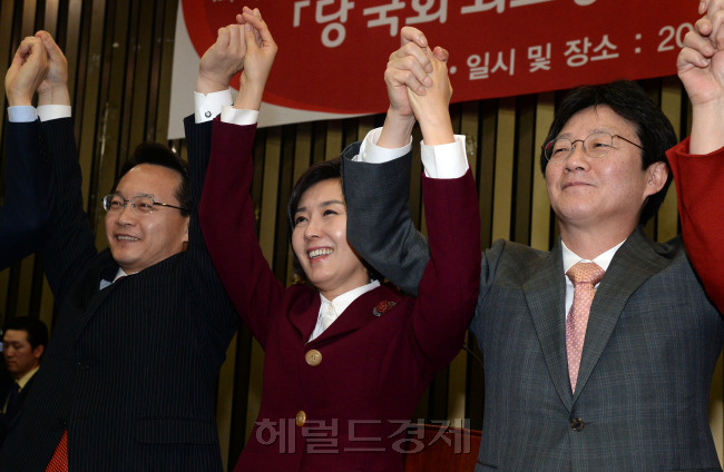 26일 국회에서 열린 새누리당 외교통일위원장 경선에서 정두언 의원을 꺾고 승리한 나경원 의원이 동료 의원과 함께 기뻐하고 있다. 나 의원은 정견 발표에서 “박근혜 대통령의 제일 잘 한 것이 외교라고 한다. 여기에 힘 보태야지 정권 재창출에 도움이 된다”고 강조했다. 안훈 기자/rosedale@heraldcorp.com