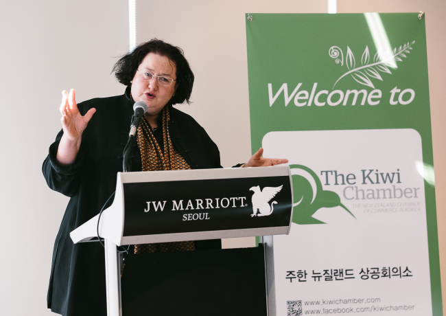 New Zealand Ambassador to Korea Clare Fearnley speaks to business leaders at a breakfast forum organized by the New Zealand Chamber of Commerce in Korea at the JW Marriott Seoul on March 5.  Edge Communications Inc.