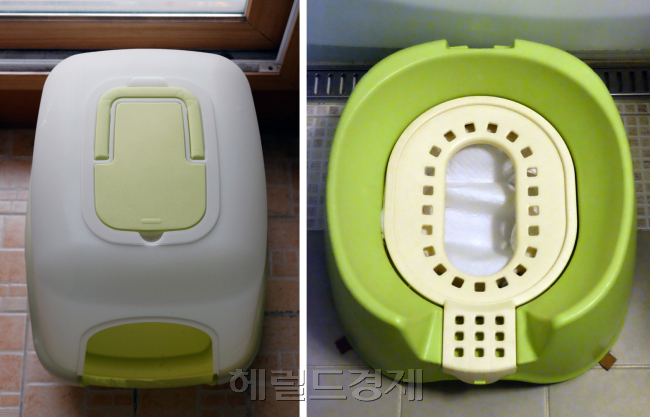 사랑이 화장실 변천사. 모래가 튀지 않는 지붕이 있는 화장실에서 패드용 화장실로 교체했습니다.