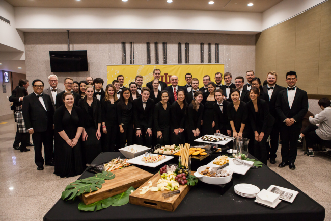 Students and faculty of the Indiana University Jacobs School of Music pose during the chamber orchestra’s first concert in Asia at the Seoul Arts Center’s IBK Chamber Hall on Saturday.   Seoul Cyber University