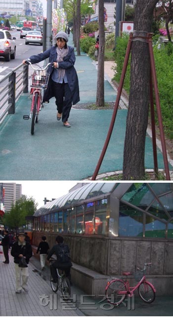인도와 자전거도로 간 구분이 없다. 사실상 인도에다 선만 그어 놓은 모습이어서, 내려서 걷거나 이리저리 파하며 자전거를 몰아야 한다. 일산신도시(경기 고양)의 한 자전거도로 모습이다. 신상윤 기자/ken@heraldcorp.com
