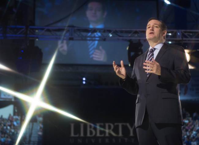 US Senator Ted Cruz(R-TX) announces his candidacy for the Republican nomination to run for US president March 23, 2015 at Liberty University in Lynchburg, Virginia. Pledging to renew America's promise, ultra-conservative US Senator Ted Cruz launched his White House quest on Monday, effectively kick-starting the 2016 presidential race.