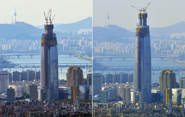롯데월드타워가 착공 4년5개월 만에 100층을 넘어선 가운데 경기도 광주시 중부면에 위치한 남한산성 도립공원 서문에서 바라본 롯데월드타워 모습. 왼쪽은 지난 2014년 9월 80층까지 완공된 모습, 오른쪽은 지난 24일 100층을 돌파한 롯데월드타워 모습. 롯데그룹은 올해말 쯤 123층, 555미터에 이르는 롯데월드타워 외관 공사가 마무리되고, 계획대로 내년 말 완공되면 층수 기준으로 세계 4위의 초고층 빌딩이 된다고 설명했다.  사진=이상섭 기자/babtong@heraldcorp.com
