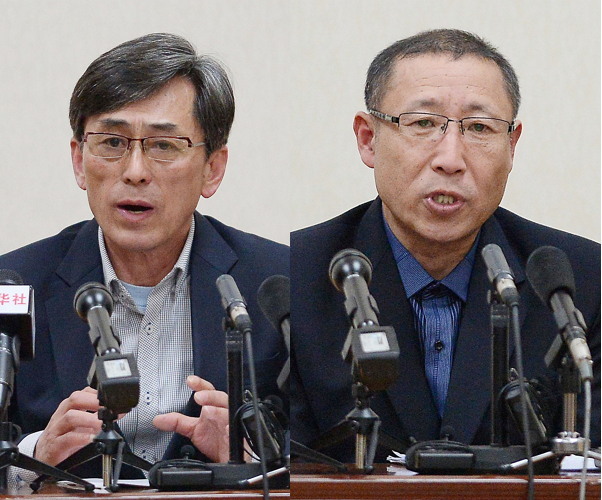 Kim Guk-gi (left) and Choi Choon-gil, two South Koreans, appear at a press conference Thursday in Pyongyang. North Korea has detained them on espionage charges. Yonhap