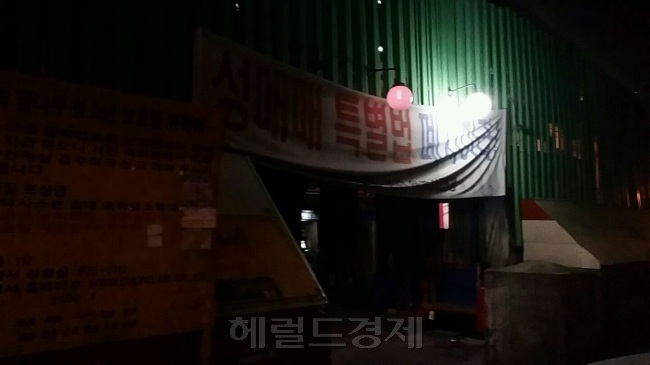 미아리 텍사스로 불리는 서울 지하철 4호선 길음역 인근 집창촌에 성매매특별법 폐지를 촉구하는 현수막이 걸려있다. [헤럴드DB]