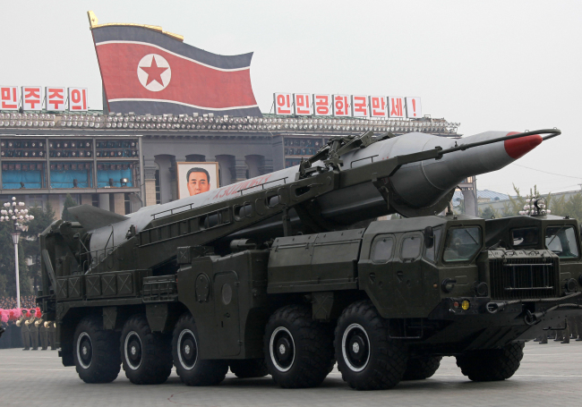 In this file photo, North Korean missiles on trucks make its way during a massive military parade to mark the 65th anniversary of the ruling Workers’ Party in Pyongyang, North Korea. AP-Yonhap