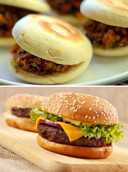 Rou jia mo (top) and a hamburger.    China Daily
Rou jia mo (top) and a hamburger.    China Daily