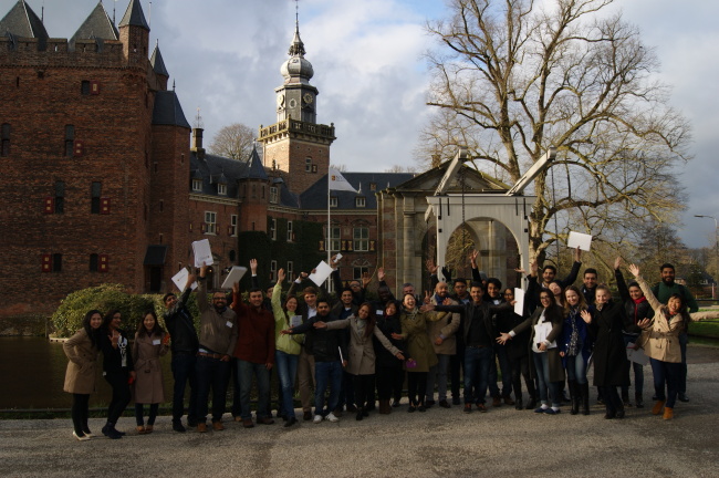 Potential applicants of the Nyenrode Business Universiteit’s MBA program pose at the University campus.   Nyenrode Business Universiteit
