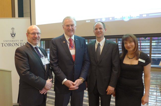 (From left) Mark Fox, professor of industrial engineering and computer science, chancellor Michael Wilson, Canadian Ambassador Eric Walsh and Barbara Dick, assistant vice president of alumni relations, pose at the University of Toronto alumni reception at the Canadian Embassy in Seoul on Thursday.   Joel Lee/The Korea Herald