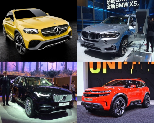 사진2) 글로벌 자동차 메이커 SUV 중국대첩. 사진 위 왼쪽부터 시계방향으로 메르세데스-벤츠 컨셉트카 GLC 쿠페, BMW 플러그인하이브리드 모델인 BMW X5 xDrive40e, 시트로엥 에어크로스, 볼보 ‘XC90 엑설런스’ [상하이(중국)=천예선 기자]