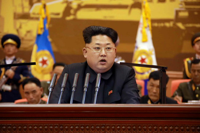 N.K. leader Kim Jong-un gives a speech in Pyongyang. Yonhap