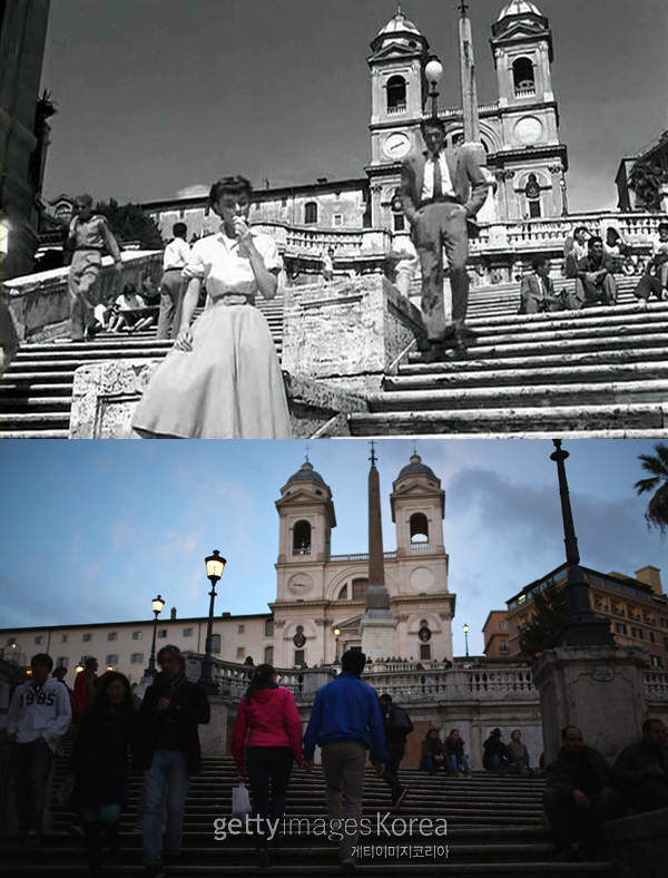 영화 ‘로마의 휴일’의 한 장면, 로마의 스페인광장(Piazza di Spagna)에서 아이스크림을 먹는 앤 공주(오드리햅번 분, 윗 사진 왼쪽 하단)와 실제 스페인 광장의 전경(사진=영화 ’로마의 휴일’, 게티이미지)