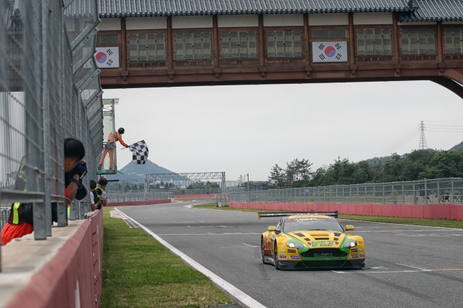Aston Martin’s Vantage V12 GT3 enters the finishing line at the GT Asia race on Sunday.