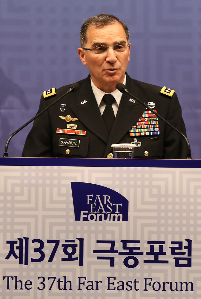USFK commander Gen. Curtis Scaparrotti speaks at the Far East Forum in Seoul on Tuesday.   Yonhap