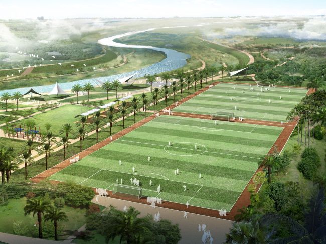 A drawing of a restored Oued El Harrach River with a sports recreation area