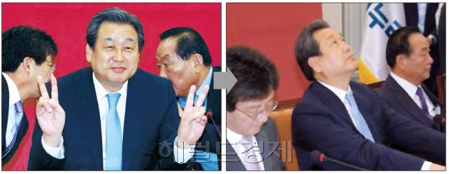 김무성 새누리당 대표와 문재인 새정치민주연합의 최근 표정에서 여야의 뒤바뀐 운명이 묻어난다. 한결 여유롭던 김 대표는 국회법 개정안 논란과 내홍으로 골머리를 앓게 됐고, 계파 갈등으로 힘겨웠던 문 대표는 갈등을 수습하고 정책 다듬기에 나섰다. 사진 왼쪽 2장은 5월 17일과 28일 김무성 새누리당 대표, 오른쪽 2장은 5월15일과 6월2일 문재인 새정치민주연합 대표. 정희조ㆍ장필수 기자/checho@heraldcorp.com