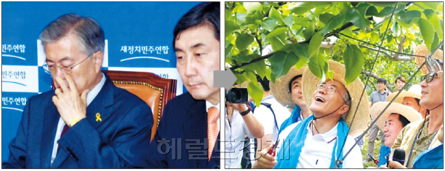 김무성 새누리당 대표와 문재인 새정치민주연합의 최근 표정에서 여야의 뒤바뀐 운명이 묻어난다. 한결 여유롭던 김 대표는 국회법 개정안 논란과 내홍으로 골머리를 앓게 됐고, 계파 갈등으로 힘겨웠던 문 대표는 갈등을 수습하고 정책 다듬기에 나섰다. 사진 왼쪽 2장은 5월 17일과 28일 김무성 새누리당 대표, 오른쪽 2장은 5월15일과 6월2일 문재인 새정치민주연합 대표. 정희조ㆍ장필수 기자/checho@heraldcorp.com
