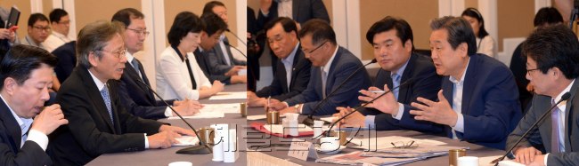 4일 국회 귀빈식당에서 열린 새누리당 메르스 비상대책 특위및 전문가 합동 간담회. 최근 메르스사태의 위중함을 감안,김무성 당대표,유승민 원내대표,원유철 정책위의장과 당내 메르스대책 소속위원 모두가 참석 사태의 심각성을 시사했다. 전문가들은 추우진 대한의사협회장,박상근 대한병원협회장,김옥수 대한간호협회회장,송재훈 삼성서울병원장,이재갑 한림대교수가 참석하였다.  정희조 기자/checho@heraldcorp.com