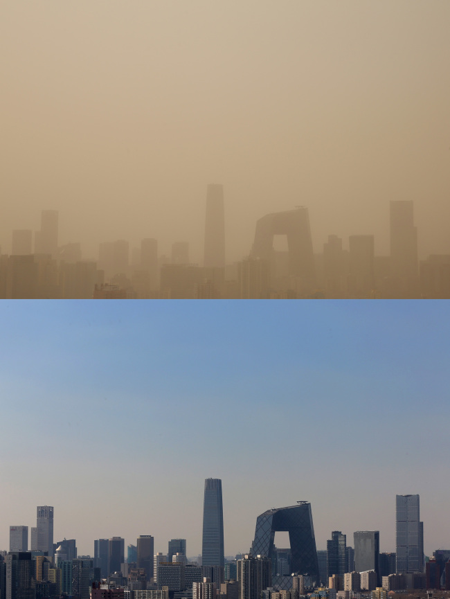 2013년 2월 28일 ‘모래폭풍’이 불었을 당시의 베이징 하늘(사진 위) 과 불과 9일 전이던 2월 19일 촬영한 베이징의 푸른 하늘(사진 아래) [출처=게티이미지]