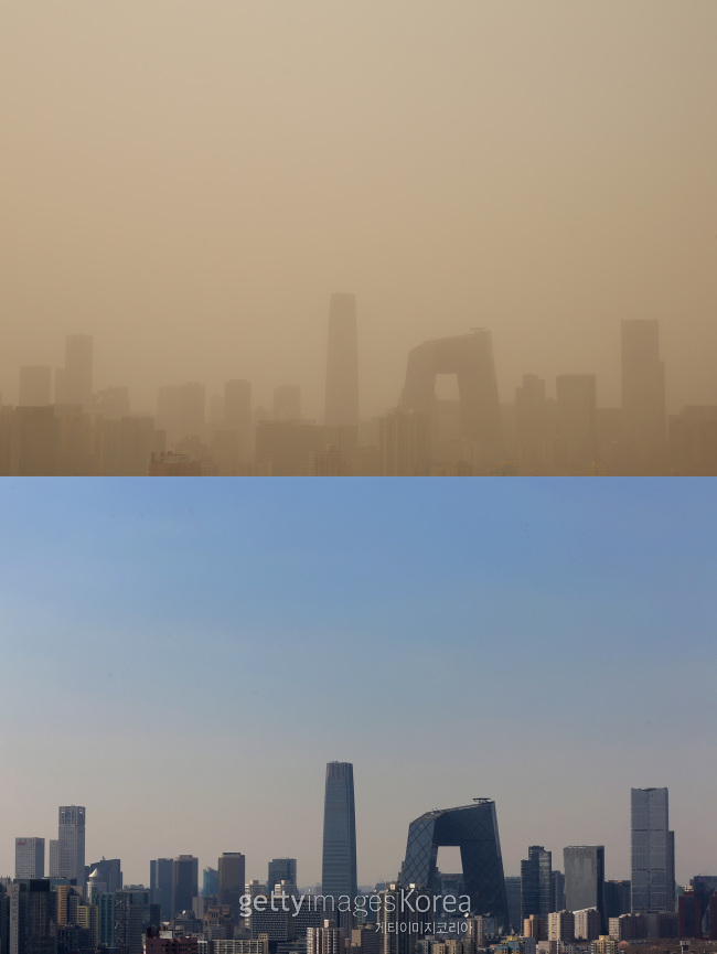 2013년 2월 28일 ‘모래폭풍’이 불었을 당시의 베이징 하늘(사진 위) 과 불과 9일 전이던 2월 19일 촬영한 베이징의 푸른 하늘(사진 아래) [출처=게티이미지]