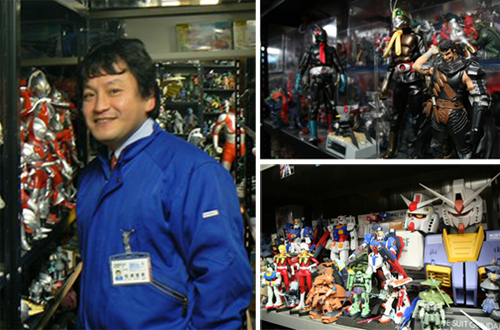 (왼쪽부터 시계방향) 마츠우라 노부오 반교 회장, 가면라이더, 울트라맨과 베르세르크 피규어 컬렉션, 건담 피규어 컬렉션