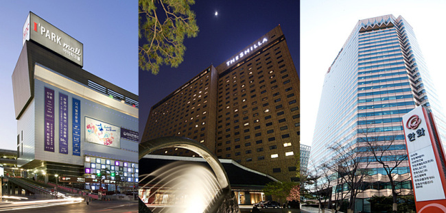 From left: The headquarter buildings of Hyundai Development Co., Hotel Shilla and Hanwha (Yonhap)