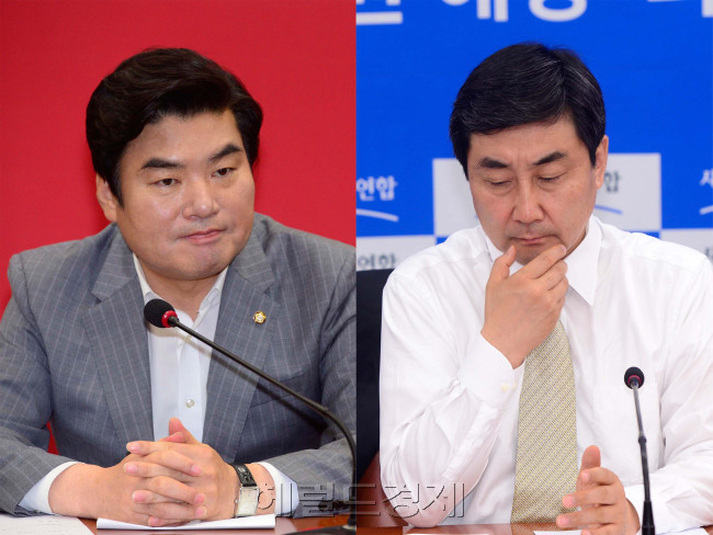 원유철 새누리당 원내대표와 이종걸 새정치민주연합 원내대표가 30일 오전 서울 여의도 국회에서 열린 각 당회의에 참석해 굳은 표정을 짓고 있다. 박해묵 기자/mook@heraldcorp.com