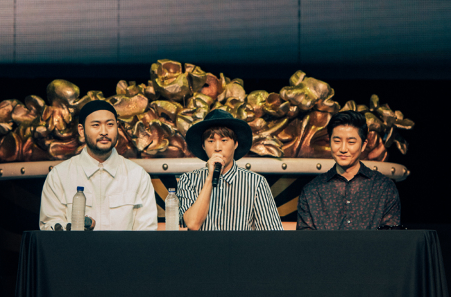 Rap trio Epik High at a press conference Thursday for their upcoming concert “Now Playing,” at Sogang University. From left: Mithra Jin, Tablo and DJ Tukutz. (YG Entertainment)