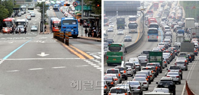 본격적인 여름 휴가철이 시작된 31일 서초구 반포동 고속터미널 주변 도로(왼쪽)가 한산한 가운데 경부고속도로는 서울을 빠져나가는 차량들로 주차장을 방불케 하고 있다. 박현구 기자phko@heraldcorp.com/2015.07.31