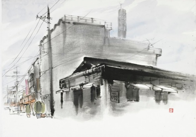 정태균 ‘수상한 목욕탕’ 수묵담채, 72×52㎝, 2015 [사진제공=이당미술관]