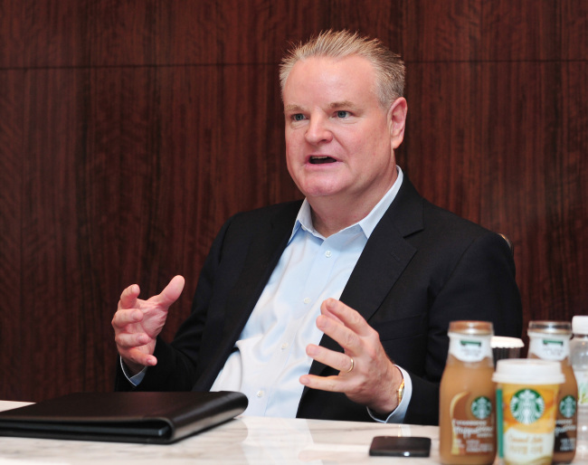 David Hanson, vice president and Asia region head of global channel development at Starbucks Coffee Company, talks to The Korea Herald on Monday.    Edelman