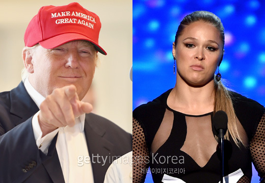 “론다, 당신은 나를 좋아해. 나에게 와.” 미 공화당 대선 경선후보 도널드 트럼프가 UFC 여제 론다 라우지(이상 왼쪽부터)에게 자신을 지지하라며 공개적인 러브콜을 보냈으나 일언지하에 거절당했다.