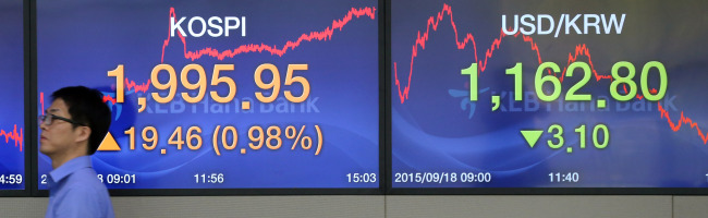 Financial indexes are shown at a currency trading office of KEB Hana Bank in Seoul, Friday. (Yonhap)