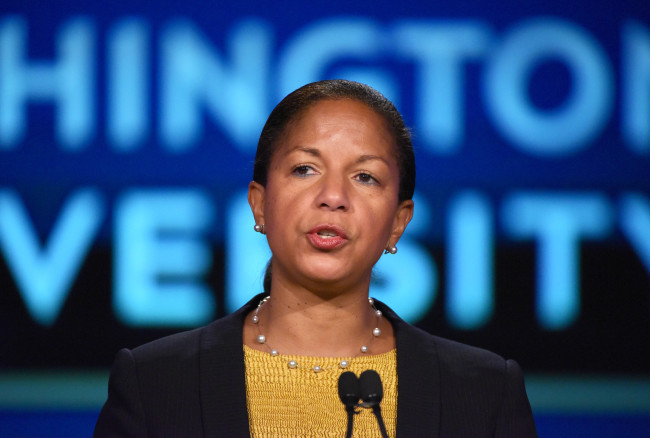 U.S. National Security Advisor Susan Rice delivers a speech at George Washington University on Monday. (Yonhap)