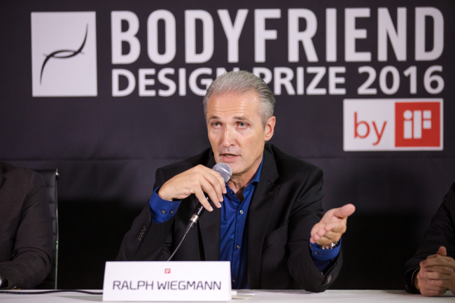 Managing director of iF Ralph Weigmann speaks in an interview at the Bodyfriend headquarters in Seoul on Monday. (Bodyfriend)