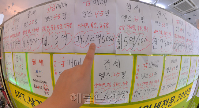 전셋값이 매매가격을 뛰어넘는 ‘전세 가격의 매매가격 역전현상’이 수도권에 확산되면서 전세 버블 논란을 낳고 있다. 사진은 서울 시내 부동산 가격을 볼 수 있는 중개업소 앞 전경. 사진=이상섭 기자/babtong@heraldcorp.com