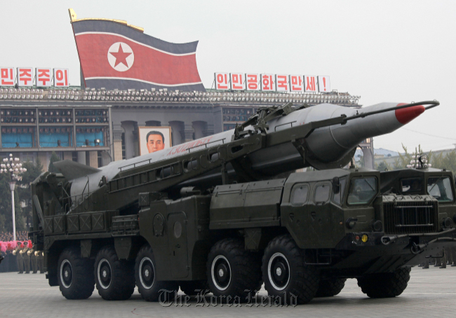 North Korean missiles on trucks are displayed during a military parade to mark the 65th anniversary of the ruling Workers’ Party in Pyongyang on Oct. 10, 2010. (AP-Yonhap)