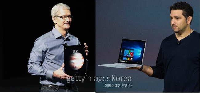 아이패드 프로를 소개하는 애플 CEO 팀 쿡(왼쪽)과 서피스북을 공개하는 MS 부사장 파노스 파네이[사진=게티이미지]