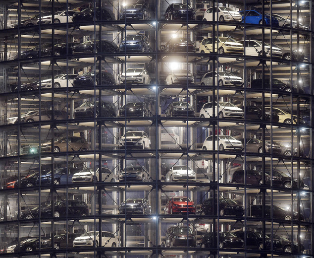 Volkswagen cars in a glass parking tower at the company's headquarters in Wolfsburg, Germany (AP)