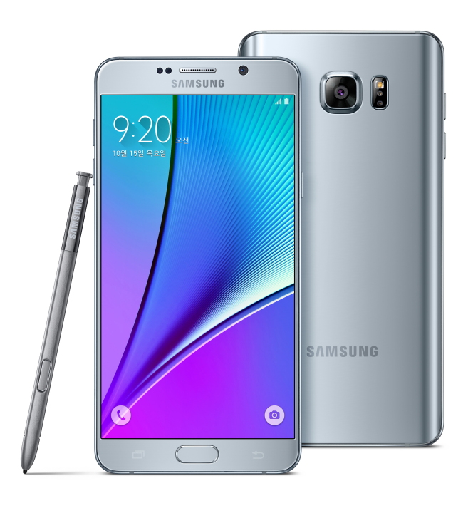 GALAXY NOTE GLITTERS WITH NEW COLORS -- Samsung Electronics said Thursday it has added new color options -- silver titanium and gold pink -- for its premium phablet Galaxy Note 5 lineup. The mobile device now comes in five colors including white pearl, black sapphire and gold platinum. (Samsung)