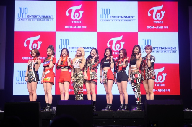 Twice performs for press at AX-Korea in Gwangjin-gu, Seoul. (JYP Entertainment)